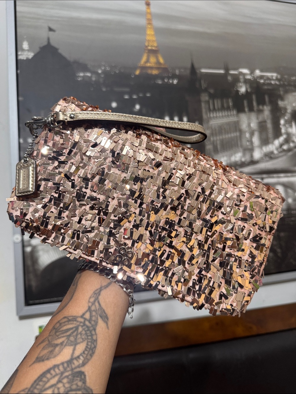 Coach Rose Gold Sequin Wristlet/ Clutch.